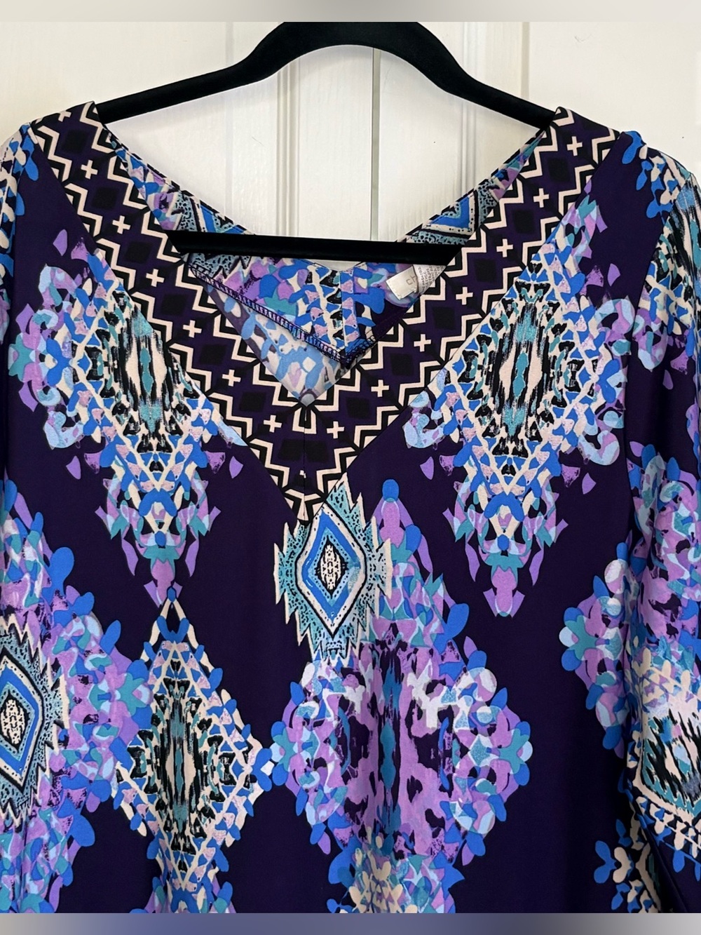 Chicos Women's Dress, Purple Geometric Print V-Neck, size Chicos 3